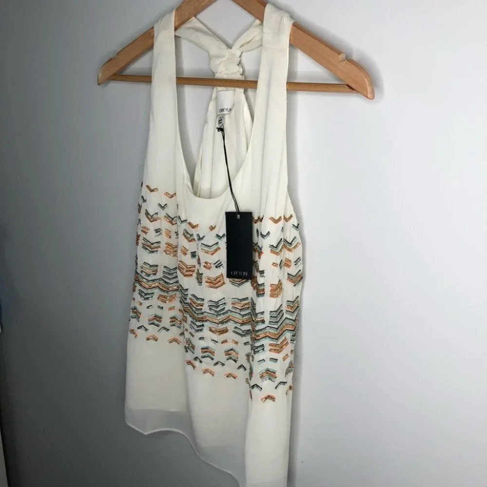 ANTHROPOLOGIE Greylin Ivory Beaded Sheer Racerback Tank Top/Cami Small - Picture 5 of 9